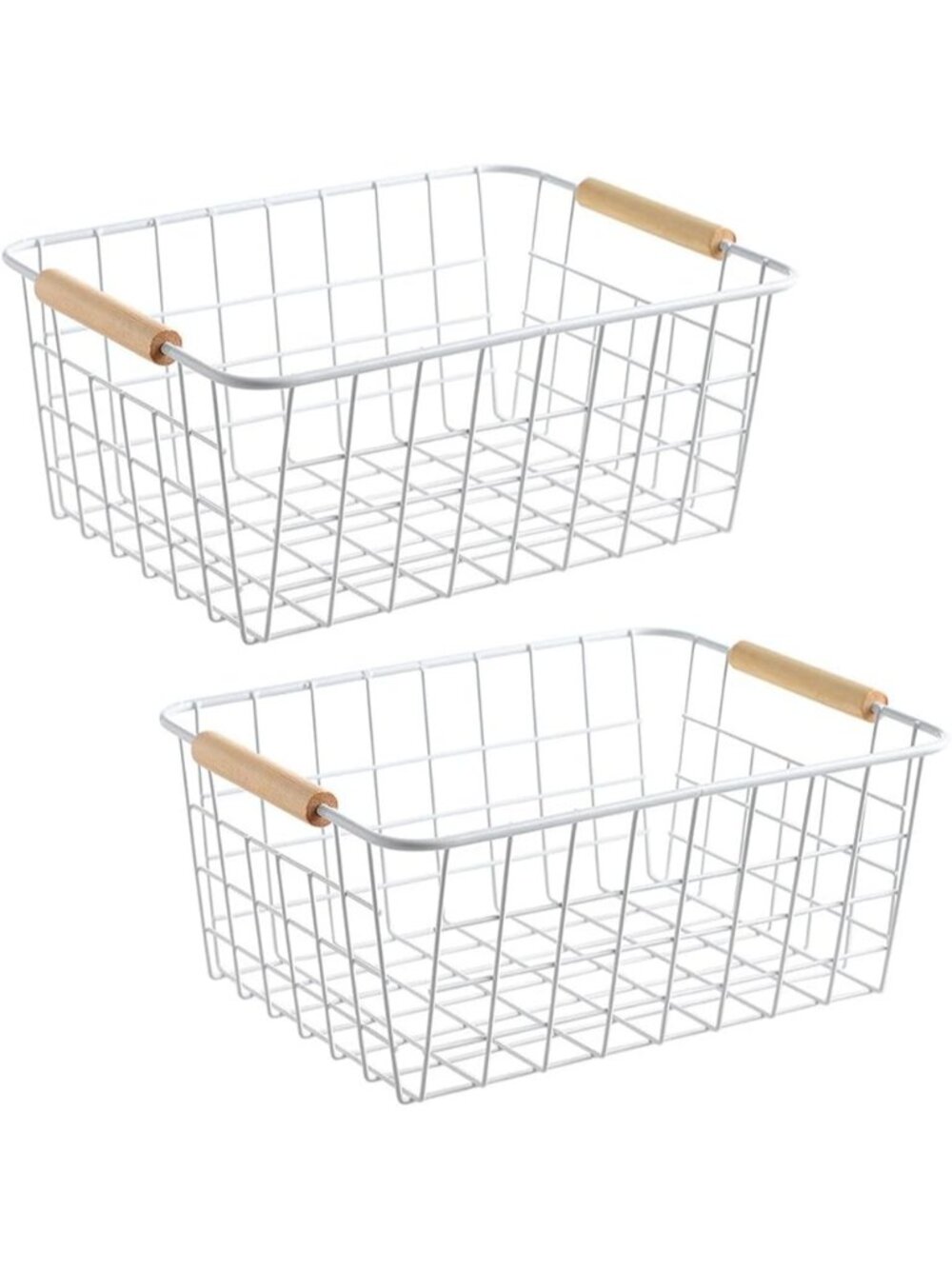 New Set of 2 White Wire Storage Baskets with Wooden Handles Pantry Organizer